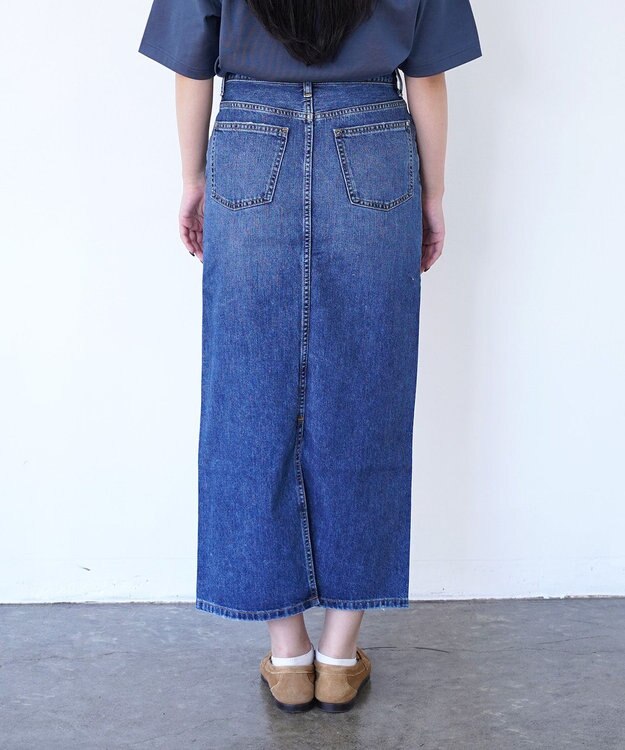 woadblue ＜坪田あさみさんコラボ＞コットン100％I LINE DENIM SKIRT  Iライン デニムスカート MIDBLUE