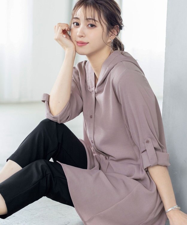 Tiaclasse 【新色追加・洗える】麻調パーカーチュニックブラウス モカ