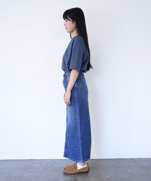 woadblue ＜坪田あさみさんコラボ＞コットン100％I LINE DENIM SKIRT  Iライン デニムスカート MIDBLUE