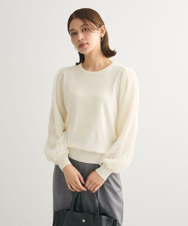Green Parks 袖チュールマジョリカドッキングニットプルオーバー Ivory