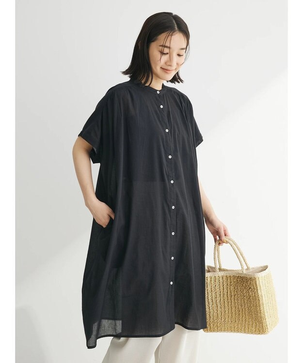 Green Parks インド綿　パイピングバンドカラーシャツチュニック Black