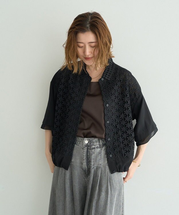 YECCA VECCA レースMIXレイヤードハーフスリーブシャツ Black