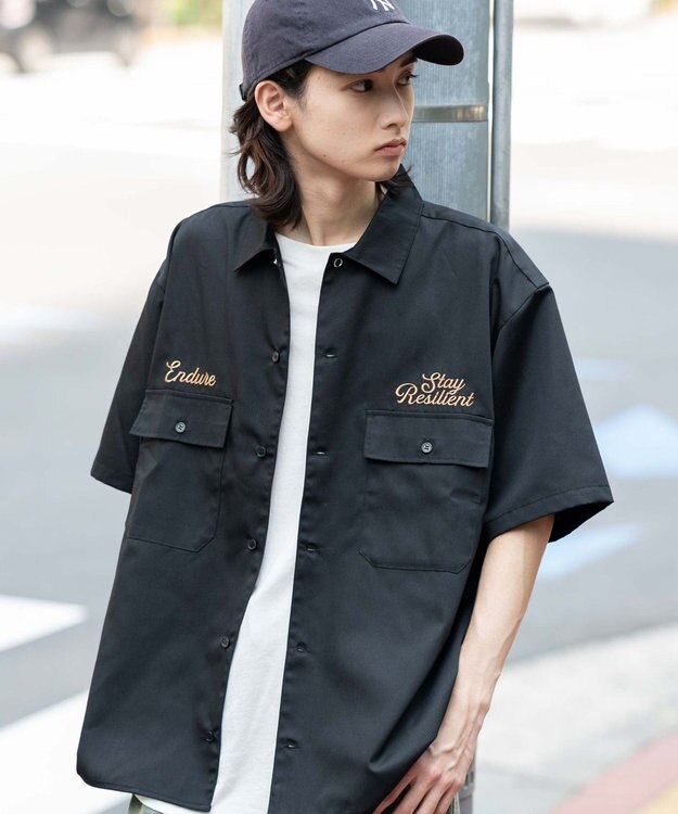 WEGO 【ユニセックス着用ITEM】刺繍ロゴツイルワークシャツ ブラック