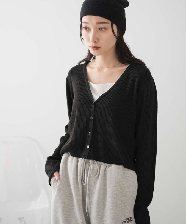 WEGO カラーリブショートカーデ ブラック