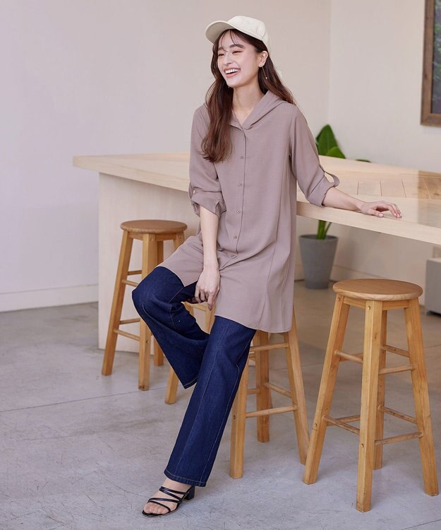 Tiaclasse 【新色追加・洗える】麻調パーカーチュニックブラウス モカ