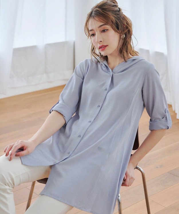 Tiaclasse 【新色追加・洗える】麻調パーカーチュニックブラウス サックス