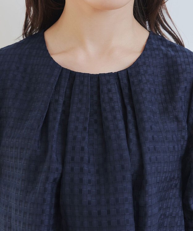 Tiaclasse 【洗える】シアーチェックパフスリーブチュニックブラウス ネイビー