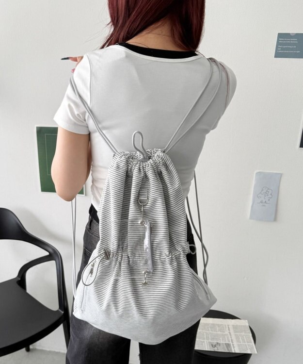 WEGO クリアポーチ付きナップサック グレーボーダー