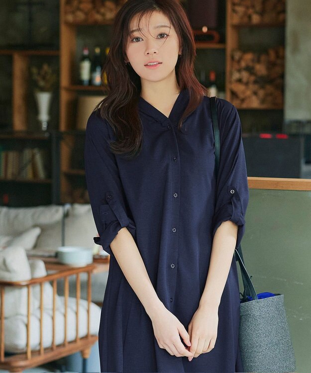 Tiaclasse 【新色追加・洗える】麻調パーカーチュニックブラウス ネイビー