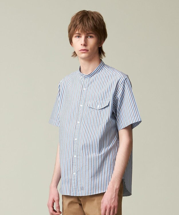 J.PRESS MEN 【クールマックス】サッカー マルチストライプ バンドカラーシャツ サックスブルー系1