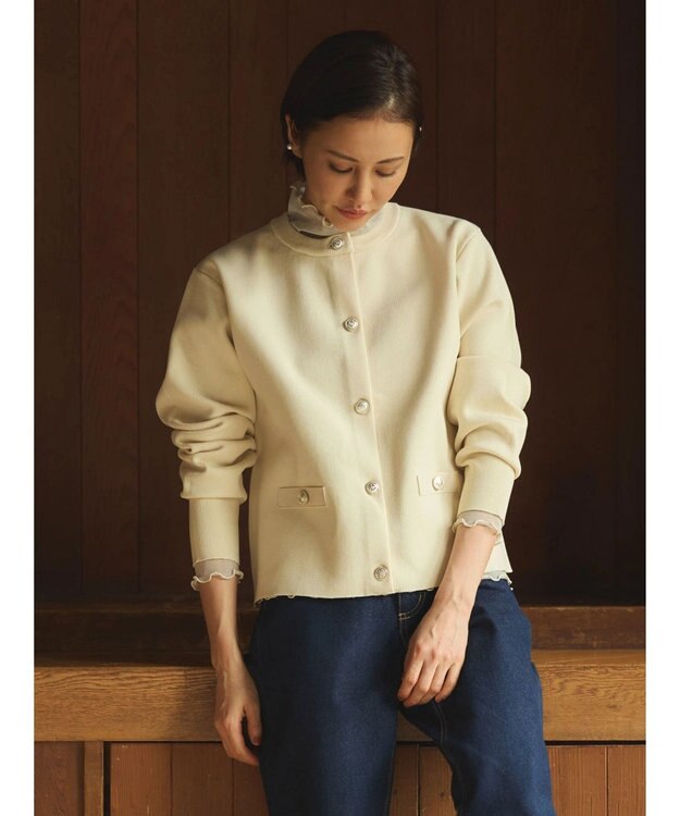 Green Parks ゴールド釦ボックス型カーディガン Ecru