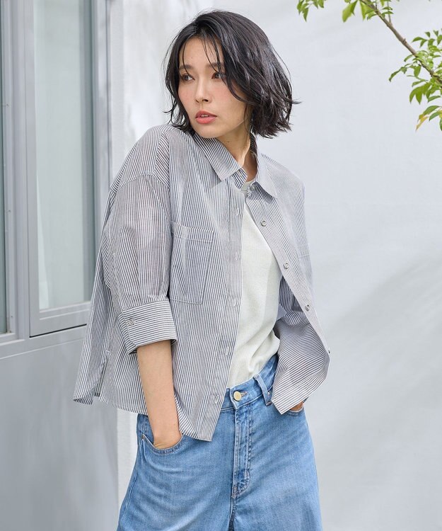 ANY コットンエアーウォッシュ5分袖シャツ ストライプ