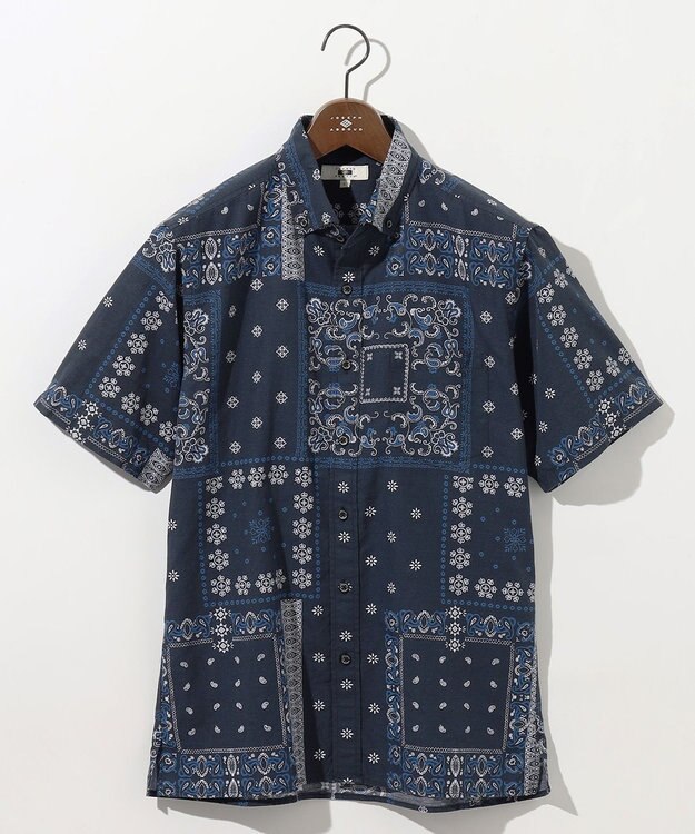 JOSEPH ABBOUD 【キングサイズ・サスティナブル素材】コットンリヨセルリネンバンダナプリント シャツ ネイビー系6