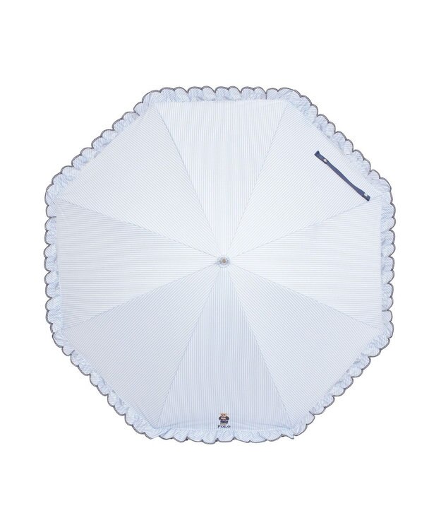 MOONBAT 【WEB限定/遮光率100%/遮熱/UV】POLO RALPH LAUREN（ポロ ラルフローレン）晴雨兼用日傘 ワンポイント ポロベア刺繍 フリル 長傘 サックスブルーストライプ