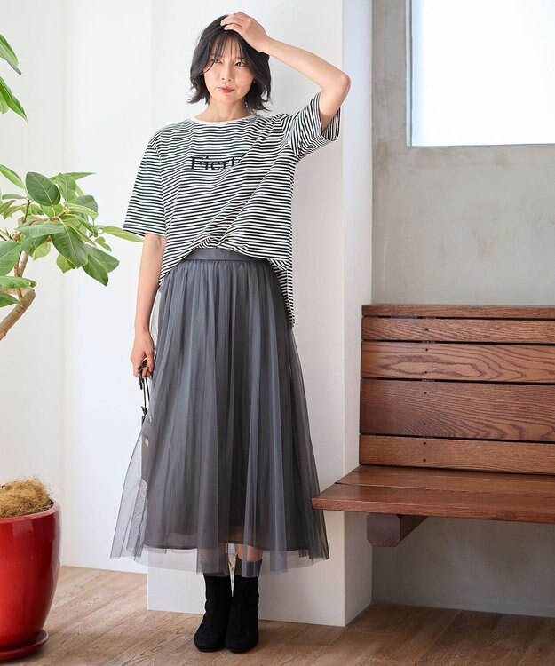 ANY 【ウエストゴム】シャイニーチュールスカート チャコール