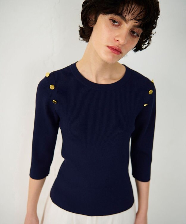 GRACE CONTINENTAL メタル釦リブニットトップ ネイビー