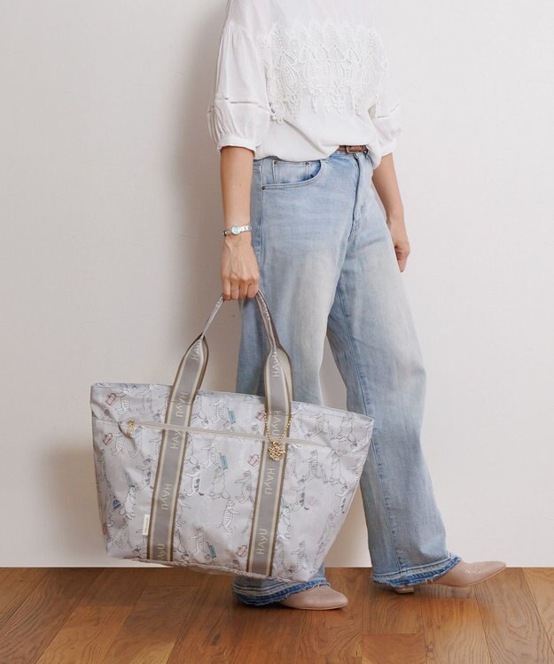 ACE BAGS & LUGGAGE HAyU × ace.  フォールディング 折り畳みトートバッグ 猫柄 30L 17862 ベージュ柄