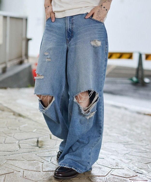 WEGO エクストラバギーダメージデニムパンツ デニム淡加工色