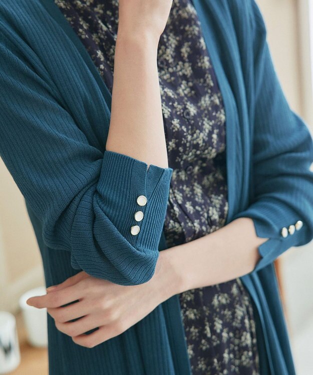 Tiaclasse 【洗える】ボタン付きロングリブカーディガン ターコイズ