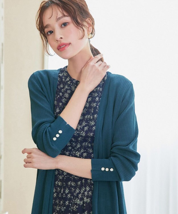 Tiaclasse 【洗える】ボタン付きロングリブカーディガン ターコイズ
