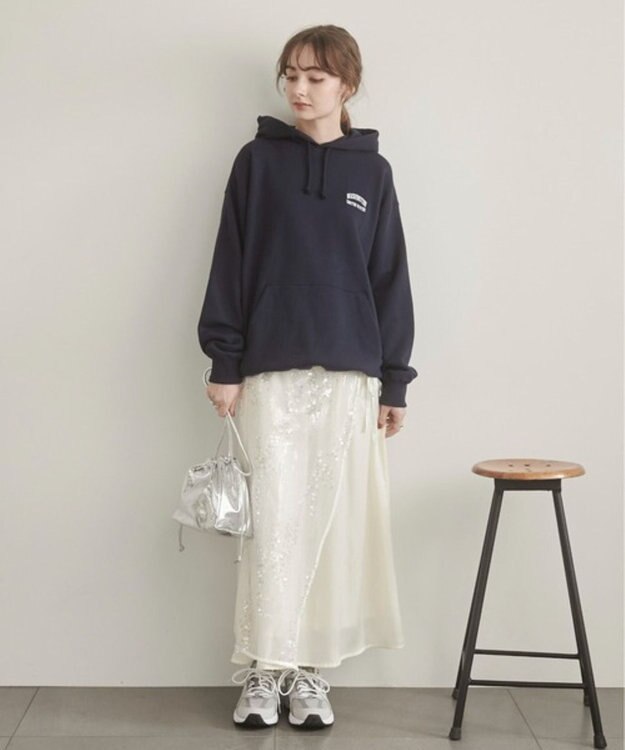 WEGO 【ANGIE VINTAGE】ワンポイント刺繍スウェットパーカー ネイビー