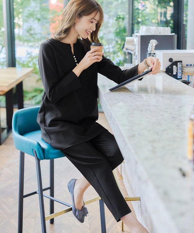 Tiaclasse 【ダブルストレッチ・洗える】スキッパーパールチュニックブラウス ブラック