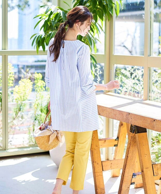 Tiaclasse L 【洗える】リボンスリーブストライプチュニックブラウス オフホワイト×サックスストライプ