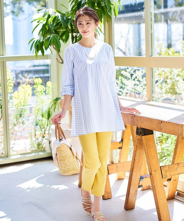 Tiaclasse L 【洗える】リボンスリーブストライプチュニックブラウス オフホワイト×サックスストライプ