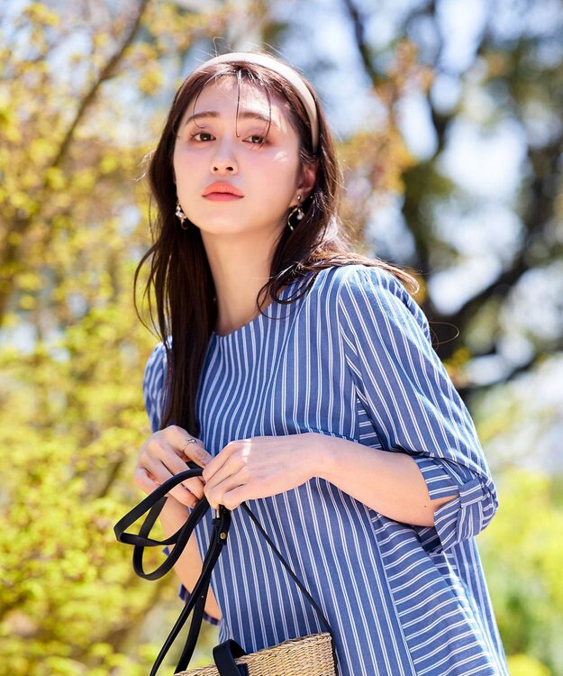 Tiaclasse L 【洗える】リボンスリーブストライプチュニックブラウス ブルー×オフストライプ