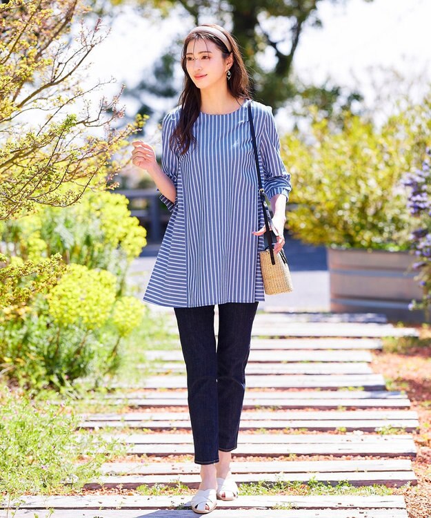 Tiaclasse L 【洗える】リボンスリーブストライプチュニックブラウス ブルー×オフストライプ