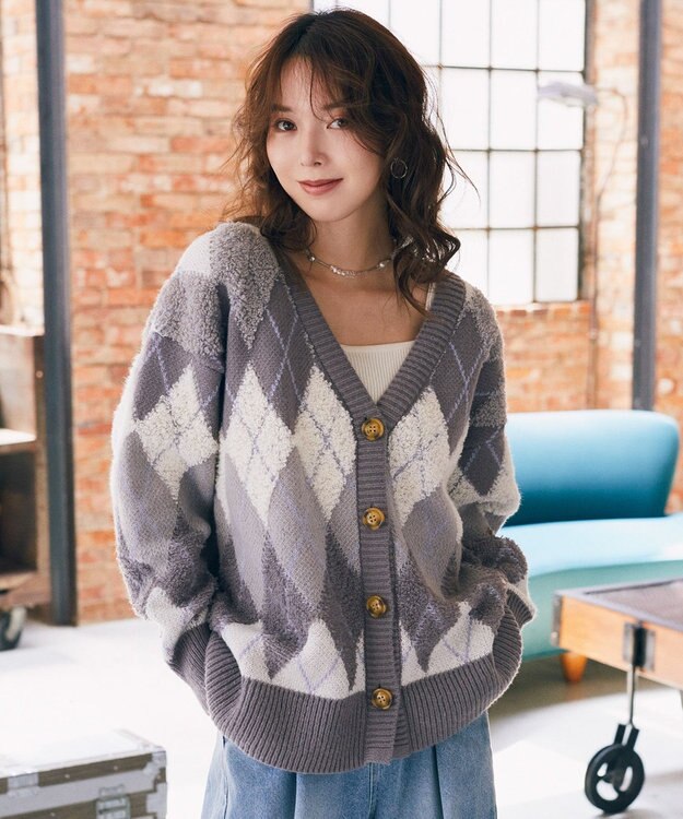 earth music&ecology ループ編みアーガイルカーディガン Gray