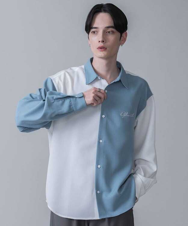 WEGO 【しわになりにくい】ドライポリカラーブロックシャツ（LS） サックス