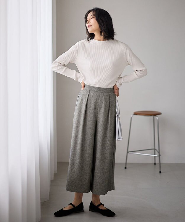 ANY 【洗濯機可/ウエストゴム】ライトツイードワイドパンツ ライトグレー