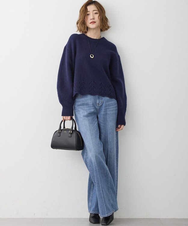 23区 L 【滝沢眞規子さん着用/洗える】レーシーヘムデザイン パフスリーブ ニット ダルブルー系