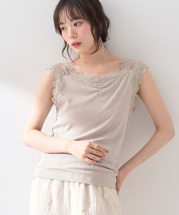 earth music&ecology ラメテレコショルダーレースタンクトップ Beige