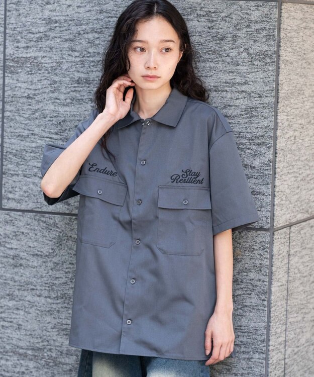 WEGO 【ユニセックス着用ITEM】刺繍ロゴツイルワークシャツ ブラック中濃色