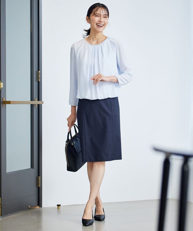 23区 【セットアップ対応】ファインネスウール フレア スカート ネイビー系ストライプ