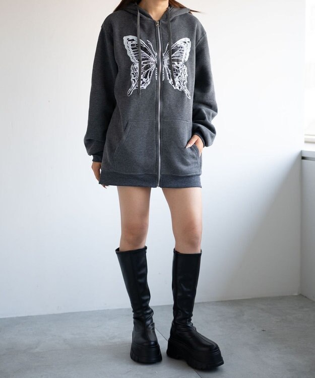 WEGO バタフライBIGZIPパーカー ブラック中濃色