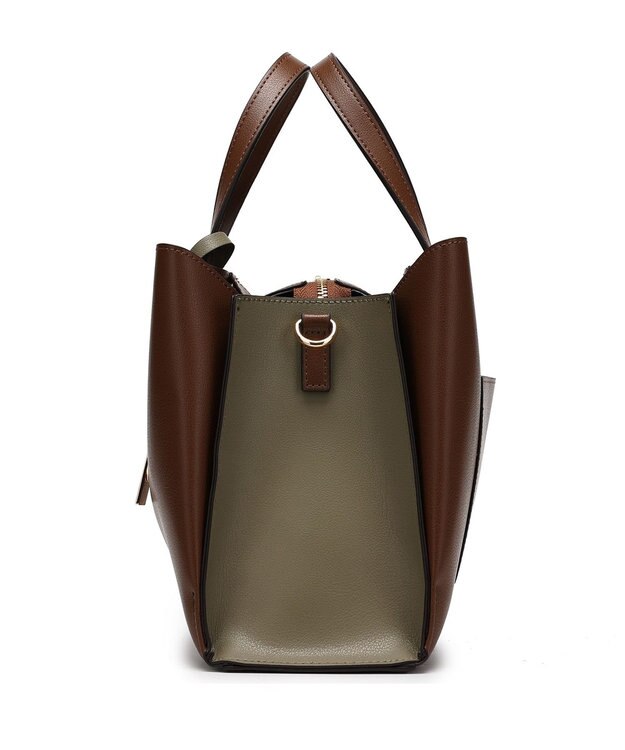 style code 【MERCURYDUO/マーキュリーデュオ】両アオリポケットサイド配色大開き開口 超軽量ハンドバッグ キーチャーム付 ダークブラウン