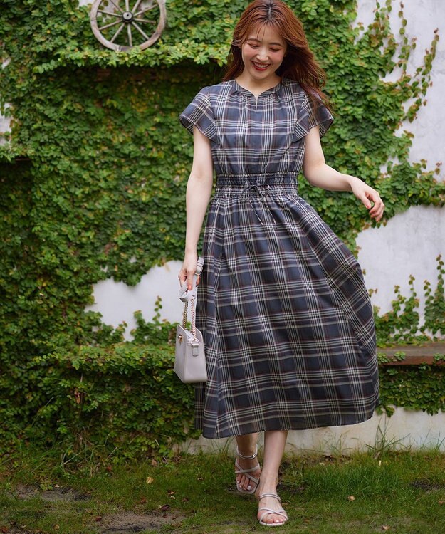 ANY SIS 【洗える】シアーチェック ワンピース ネイビー系