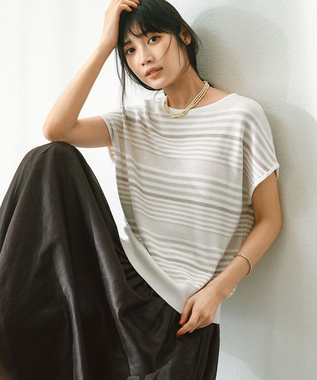 23区 S 【洗える】コットンアセテート バックボタン ニット ベージュボーダー