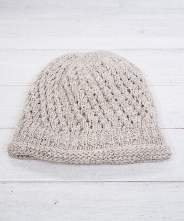 石田製帽 【防寒対策・日本製】ウールロールアップ ニット帽 ライトベージュ