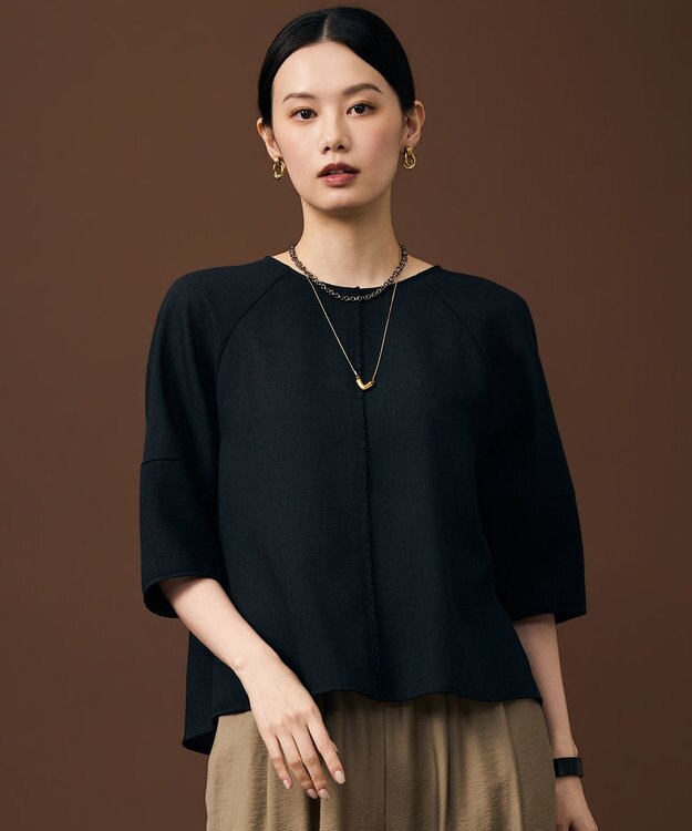 自由区 L 【人気素材・NEWデザイン】ラスティックメッシュラグランスリーブ ブラウス ブラック