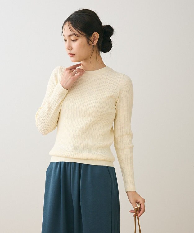 Green Parks プチケーブルクルーネックニットプルオーバー Off White