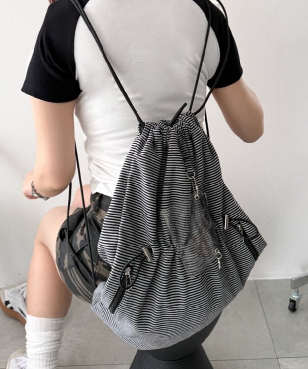 WEGO クリアポーチ付きナップサック ブラックボーダー