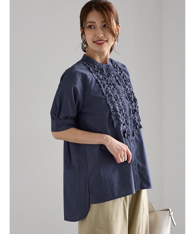 Te chichi フロントフリル5分袖ブラウス ネイビー