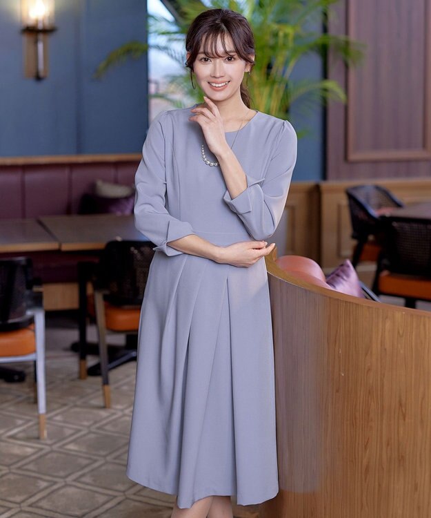 Tiaclasse L 【洗える】アシンメトリータックフレアワンピース ブルー