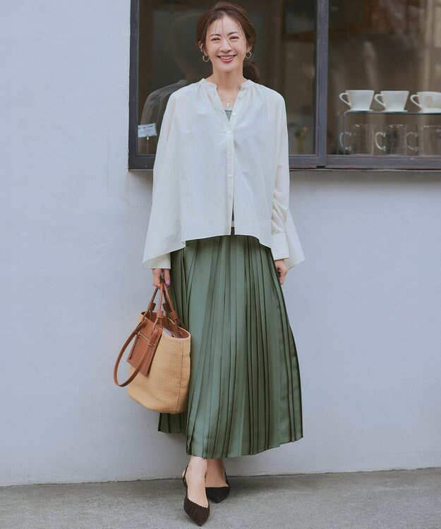 23区 【洗える】シアーコンビ プリーツ スカート カーキ系