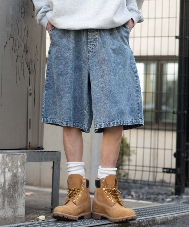 WEGO 【ウエストゴム/SMLサイズ展開】イージーコットンハーフパンツ デニム淡加工色