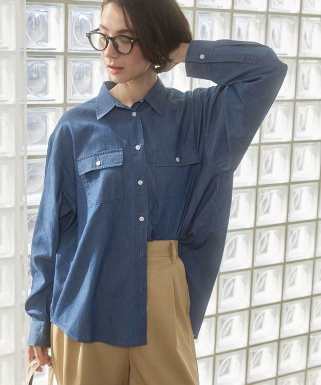 WEGO 【ANGIE VINTAGE】シアーデニムレギュラーカラーシャツ ネイビー